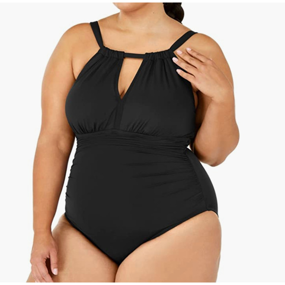 RALPH LAUREN Black High-Neck Keyhole One Piece Swimsuit 16 W 16W - Picture 1 of 6